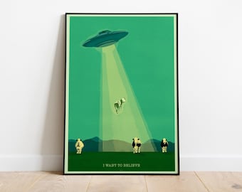 UFO Abduction Poster, Retro Sci-Fi Art, I Want to Believe Print