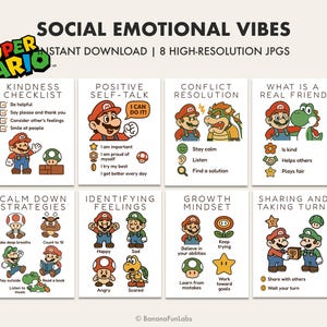 Vibras socioemocionales inspiradas en Mario para niños / Paquete imprimible 8 en 1 de SEL inspirado en Mario (descarga digital)