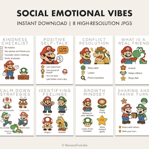Op Mario geïnspireerde sociaal-emotionele vibes voor kinderen | 8-in-1 door Mario geïnspireerde afdrukbare SEL-bundel (digitale download)
