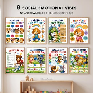 Könnte beinhalten: Acht Lernposter mit dem Titel 8 SOCIAL EMOTIONAL VIBES mit Cartoon-Welpen von Paw Patrol. Jedes Poster zeigt farbenfrohe Illustrationen, Text und Checklisten zu den Themen Gefühle, Freundlichkeit, Teilen und Problemlösung.