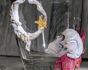 Gothic Fairy Skull & Wise Man Crescent Moon Rocks Glass