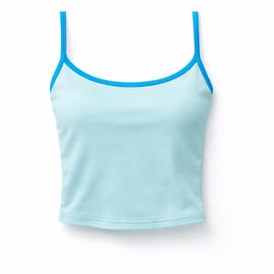 May include: A light blue camisole top with thin, bright blue straps and trim. The top is a solid color and appears to be made of a soft, lightweight material. The design is simple and classic.