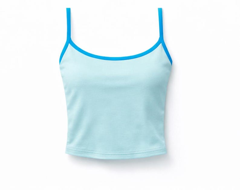 May include: A light blue camisole top with thin, bright blue straps and trim. The top is a solid color and appears to be made of a soft, lightweight material. The design is simple and classic.