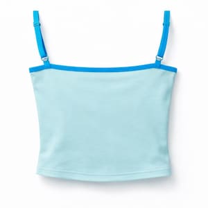 May include: A light blue camisole top with adjustable bright blue straps and trim. The top is a solid color and has a simple, classic design. The straps are thin and attach to the top with metal hardware.