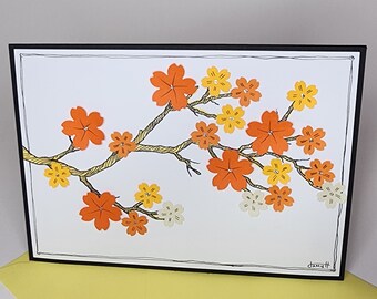 Carte de voeux faite main - Fleurs jaunes et oranges - 5 x 7 pouces