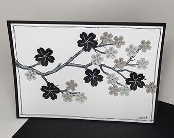 Carte de vœux faite à la main - Fleurs de fleurs noires et grises - 5x7 pouces