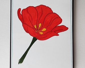 Carte de voeux faite main - Fleur de pavot rouge - 15 x 7 pouces