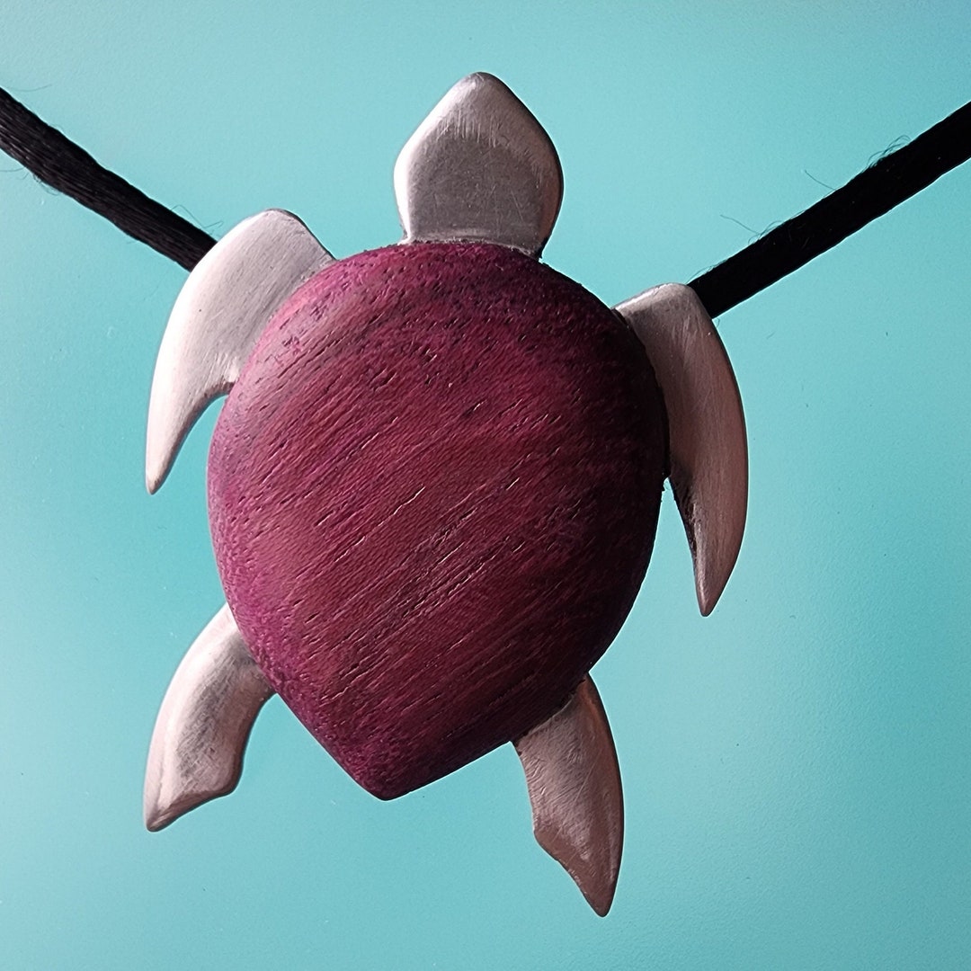 Sea Turtle Wood Pendant Purple Heart Wood Turtle Aluminum Necklace Etsy