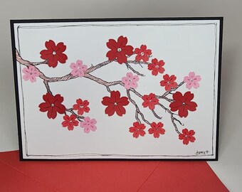 Carte de voeux faite main - Fleurs de cerisier rouges - 5 x 7 pouces