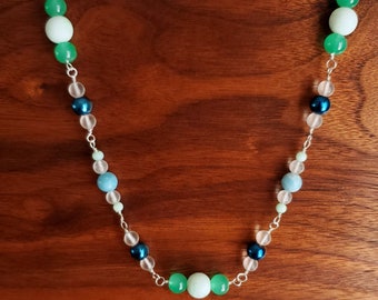 Long Necklace Blue and Mint Green Necklace - 26 Inches