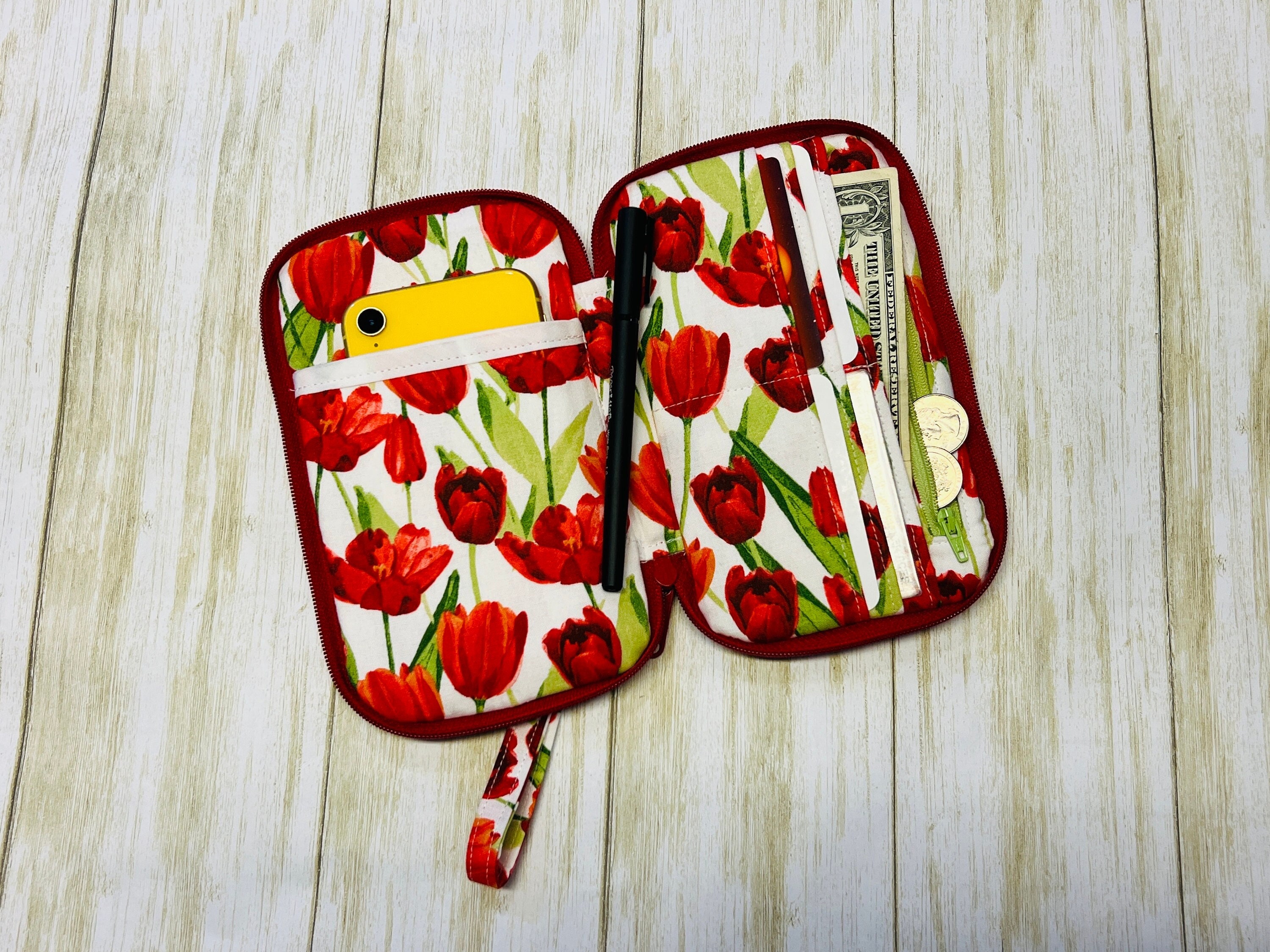 Cell phone wallet case, wristlet for women, iPhone crossbody pouch, gifts for her, red wallet, cell phone holder, day trip wallet, flowers