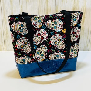 Purses for women, small tote, sugar skulls, tote bag with pockets, shoulder bag for teenager, skull purse, handbag, adjustable strap