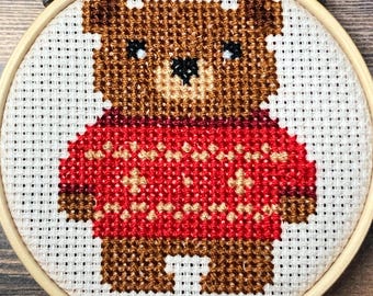 Cozy Bear in a Sweater ~ Cozy Christmas ~ Cute and Festive Bear ~ Mini Cross Stitch Pattern (PDF Download)