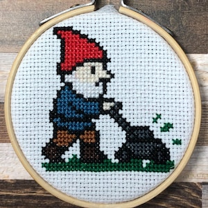 Lawn Enforcement ~ Gnome Improvement Crew ~ Garden Gnome Yard Service ~ Lawn & Order: Gnome Unit ~  Mini Cross Stitch Pattern (PDF Download)