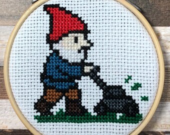 Lawn Enforcement ~ Gnome Improvement Crew ~ Garden Gnome Yard Service ~ Lawn & Order: Gnome Unit ~  Mini Cross Stitch Pattern (PDF Download)
