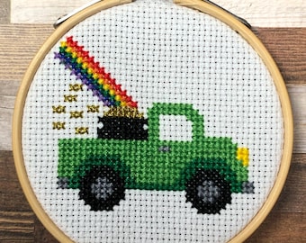Haulin’ Rainbows & Gold St. Patrick’s Day Cross Stitch Pattern ~ Pot of Gold Pickup Service ~ Mini Cross Stitch Pattern (PDF Download)