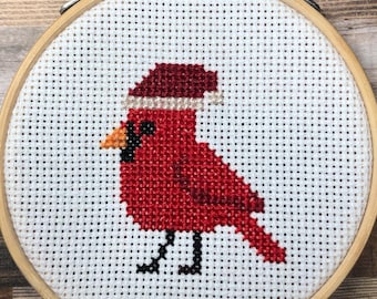Holiday Cardinal in Christmas Hat ~ Red Feathered Friend ~ Messenger in Feathers ~ Mini Cross Stitch Pattern (PDF Download)