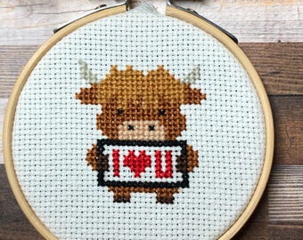 Valentines Highland Cutie ~ Moo-rry Valentines ~ Happy, Hairy Highland Cow ~ Mini Cross Stitch Pattern (PDF Download)