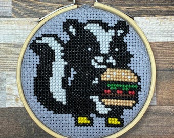 Burger Loving Skunk ~ Snack Attack in the Wild ~ Hungry Skunk ~ Whimsical and Funny Mini Cross Stitch Pattern (PDF Download)