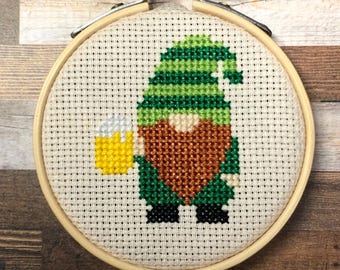 Short, Bearded, and Slightly Buzzed ~ Here for the Beards & Beers ~ St. Patrick's Day Gnome ~ Mini Cross Stitch Pattern (PDF Download)