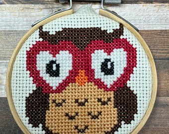 Owl You Need Is Love ~ Big Heart Glasses Owl ~ Whimsical & Funny Mini Cross Stitch Pattern (PDF Download)