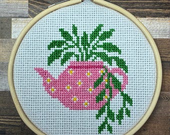 Steeped in Cuteness ~ Cozy Teapot Planter Stitch ~ Whimsical & Funny Mini Cross Stitch Pattern (PDF Download)