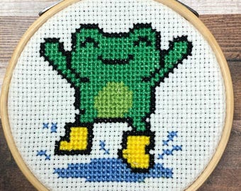 Happy Puddle Jumping Frog ~ Life is Better in a Puddle ~ Frog in Rubber Boots~  Mini Cross Stitch Pattern (PDF Download)