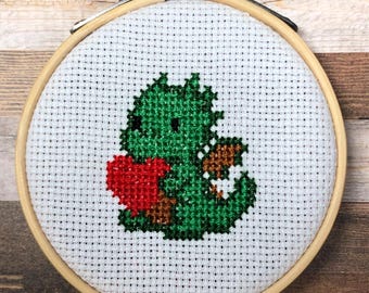Funny Dragon Valentine ~ Flames, Fangs & Feelings ~ My Heart Breathes Fire ~ You Stole My Heart~ Mini Cross Stitch Pattern (PDF Download)