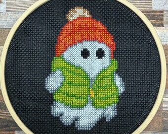 Ghostie Season! ~ Cute Fall Ghost in a Puffy Vest ~ Cozy Autumn Ghostie ~ Whimsical and Cozy Cross Stitch Pattern (PDF Download)