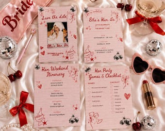 Editable Red and Pink Bachelorette Weekend Itinerary Printable or Digital|Hen Do Itinerary Hand Drawn|Girls Trip Itinerary Template| Hen do