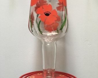 Hummingbird Feeder, Upcycled, wine bottles, glass bottle, hand-painted, garden art, gift for Mom