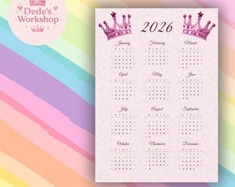 Prinsessenkalender 2026 • Roze afdrukbaar met één pagina • Pastelkleurige muurkunst voor meisjeskamer • Digitaal