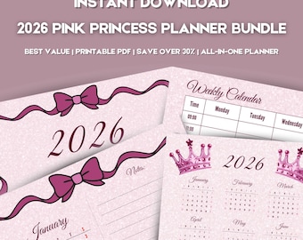 Prinses plannerbundel 2026 • Wekelijkse maandkalender • Roze afdrukbare planner • Pastelkleurige digitale pdf
