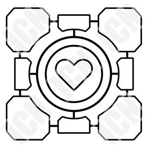 May include: Black and white graphic of a cube with a heart in the center. The cube has a circular design in the middle with a heart shape inside. The cube has eight octagonal shapes around the center.