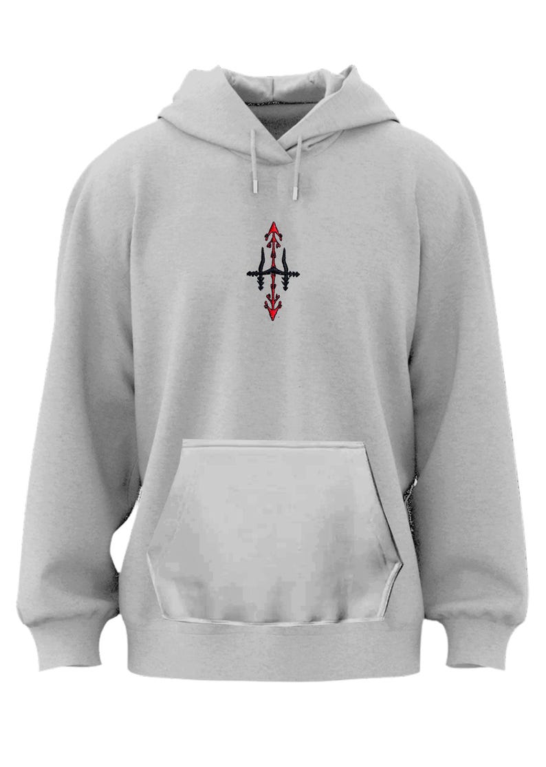 A gray hoodie with a small graphic design on the front.