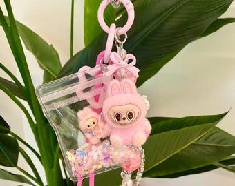 Labubu Phone Charm Keychain Mini Flocked Figure W/sparkle