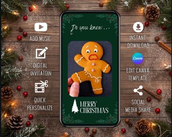 Cheerful Christmas Greeting Card with Animated Gingerbread Man: DIY Canva Template (Instant Download)