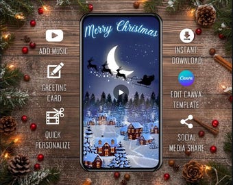 Flying Sleigh Christmas Card: Magical Santa Xmas Greeting and Canva Video Template (Digital Download)
