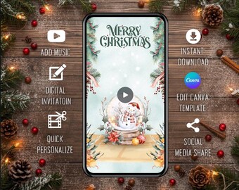 Snowman Christmas Card, Animated Snowglobe, Holiday Greetings, Editable Canva Template (Digital Download)
