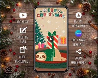 Sloth Christmas Card: Animated Holiday Greeting Canva Template (Digital Download)