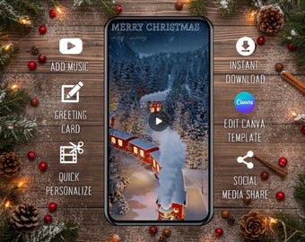 Polar Express Christmas Card: Locomotive Xmas Greeting and Canva Video Template (Digital Download)