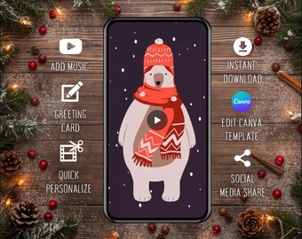 Polar Bear Christmas Card: Fun Xmas Greeting and Canva Video Template (Digital Download)