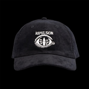 May include: Black corduroy baseball cap with the word "REPLUSION" in white above a white eye graphic. The eye graphic has a figure inside with leaves. The cap has a curved brim and a button on top.