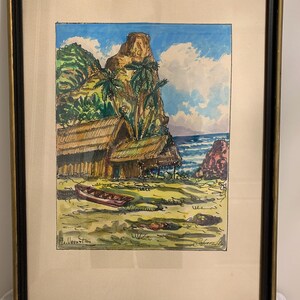 Peut inclure: Aquarelle d'une scène de plage tropicale avec une hutte au toit de chaume, un petit bateau et des palmiers. L'œuvre est encadrée dans un cadre noir et doré. Le ciel est bleu avec des nuages blancs, et l'océan est visible en arrière-plan.