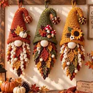 Schema PDF per appendere un gnomo all'uncinetto, gnomo autunnale amigurumi, decorazione autunnale per il raccolto, schema per gnomo del Ringraziamento, regalo fai da te per le vacanze