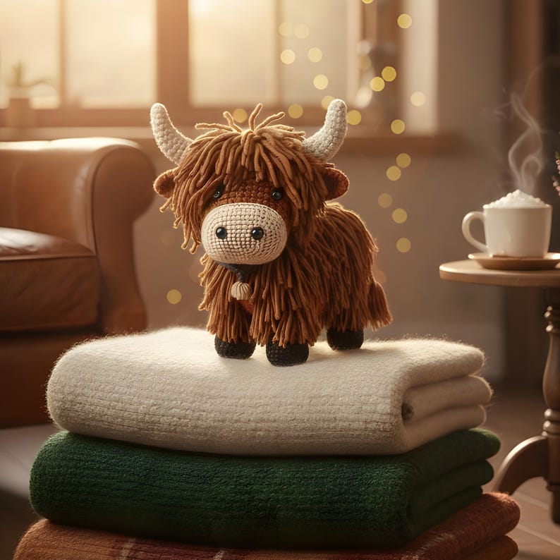 May include: A crocheted Highland cow figurine with brown fur, white horns, and a beige face stands atop a stack of folded blankets. The blankets are cream, green, and plaid. A cup of coffee sits on a small table in the background.