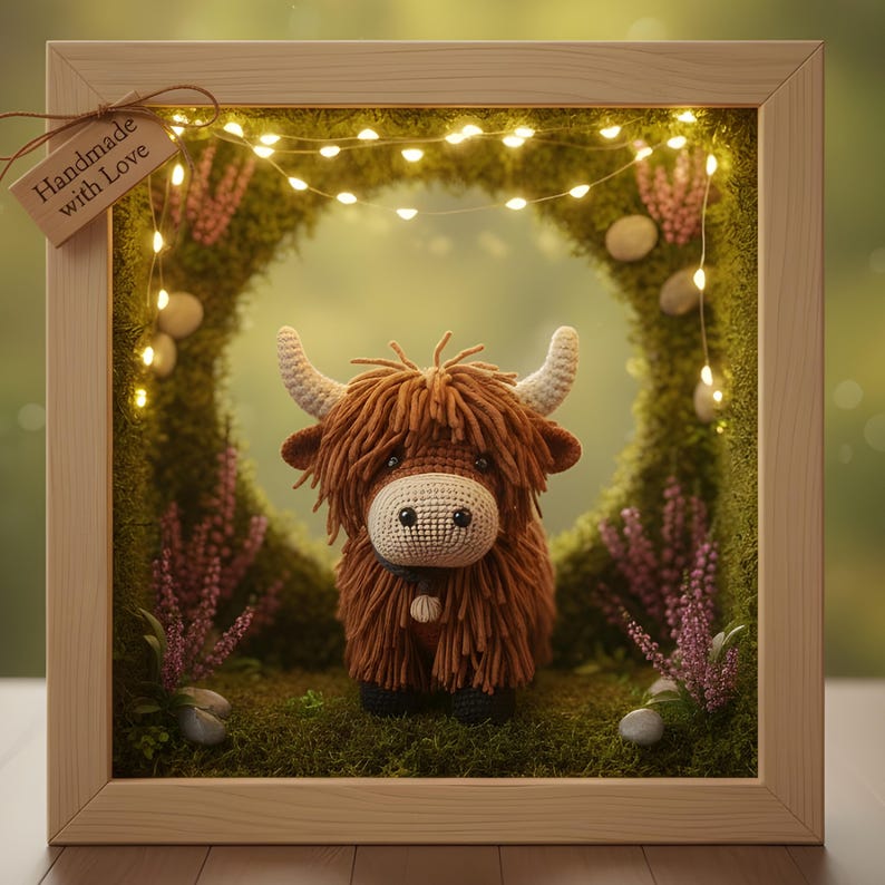 May include: A handmade crochet Highland cow displayed in a wooden frame. The brown and white cow has long shaggy fur and curved horns. The frame includes a mossy background, fairy lights, and a tag that reads "Handmade with Love."