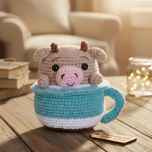 May include: A crocheted cow toy peeks out of a blue and white crocheted mug. The cow has a tan head, small brown horns, and a pink nose. The mug sits on a wooden surface, with a tag that says "Handmade with Love".