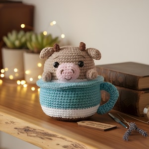 May include: A handmade crochet cow toy peeks out of a blue and white striped crochet mug. The cow has a light brown body, small horns, and a pink nose. A small tag reads "Handmade with Love".
