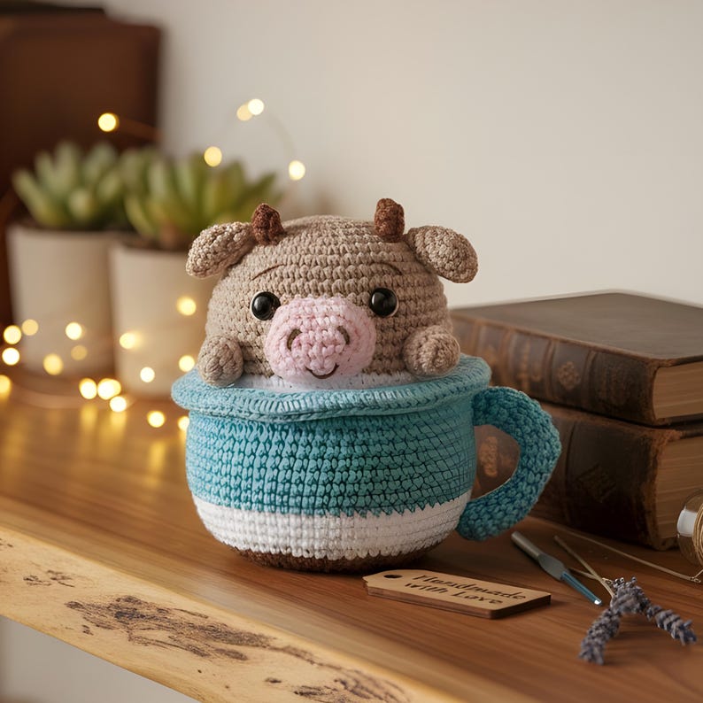 May include: A handmade crochet cow toy peeks out of a blue and white striped crochet mug. The cow has a light brown body, small horns, and a pink nose. A small tag reads "Handmade with Love".